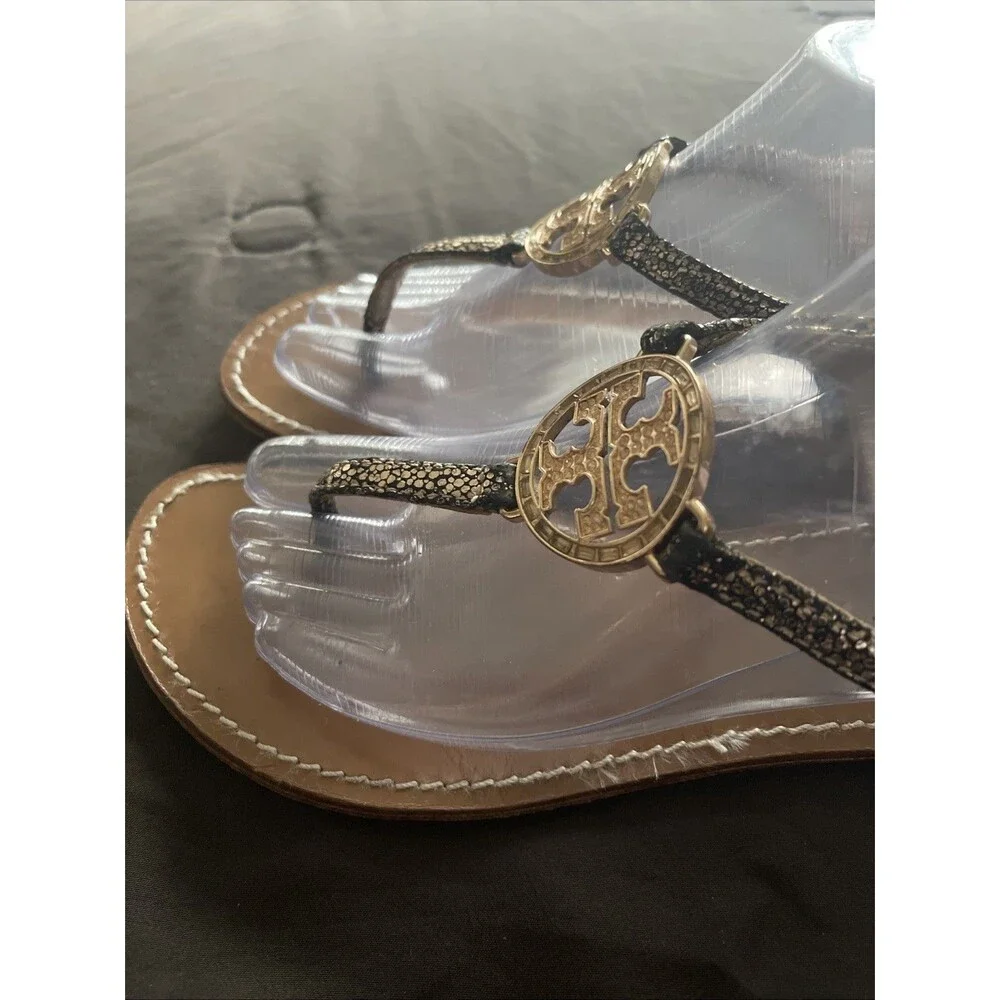 Tory Burch Sandal Women Size 8  T-Strap Thong Black /Gold Leather  Rhinestone